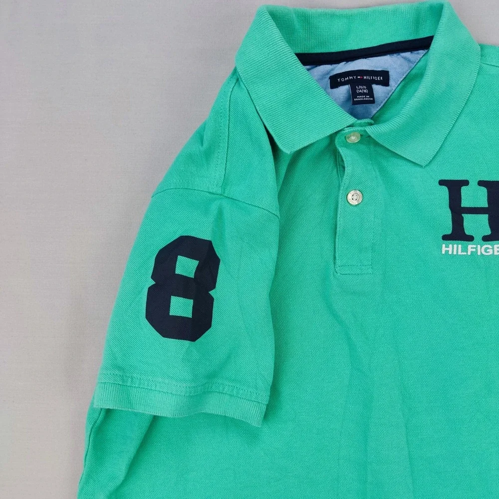 Tommy Hilfiger Polo Shirt Boys L 14/16 Green‎ H Logo Short Sleeve Pique Patch 8